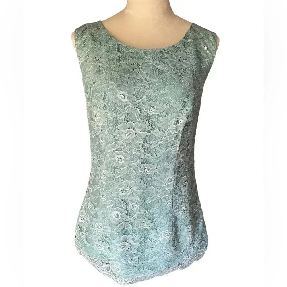 Women Floral Lace Baby Blue Teal Sleeveless Feminine‎ Silhouette Top Size L